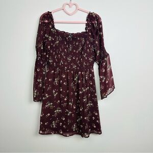 As U Wish Maroon Floral Long Sleeve Smocked Mini Dress Size Large